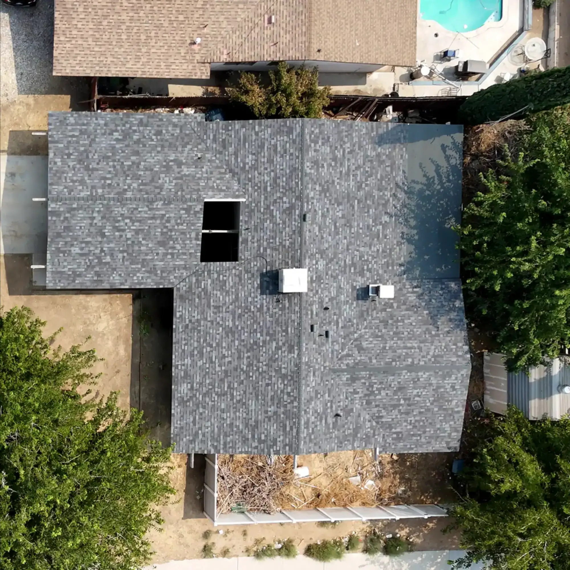 Aerial view of completed residential shingle replacement