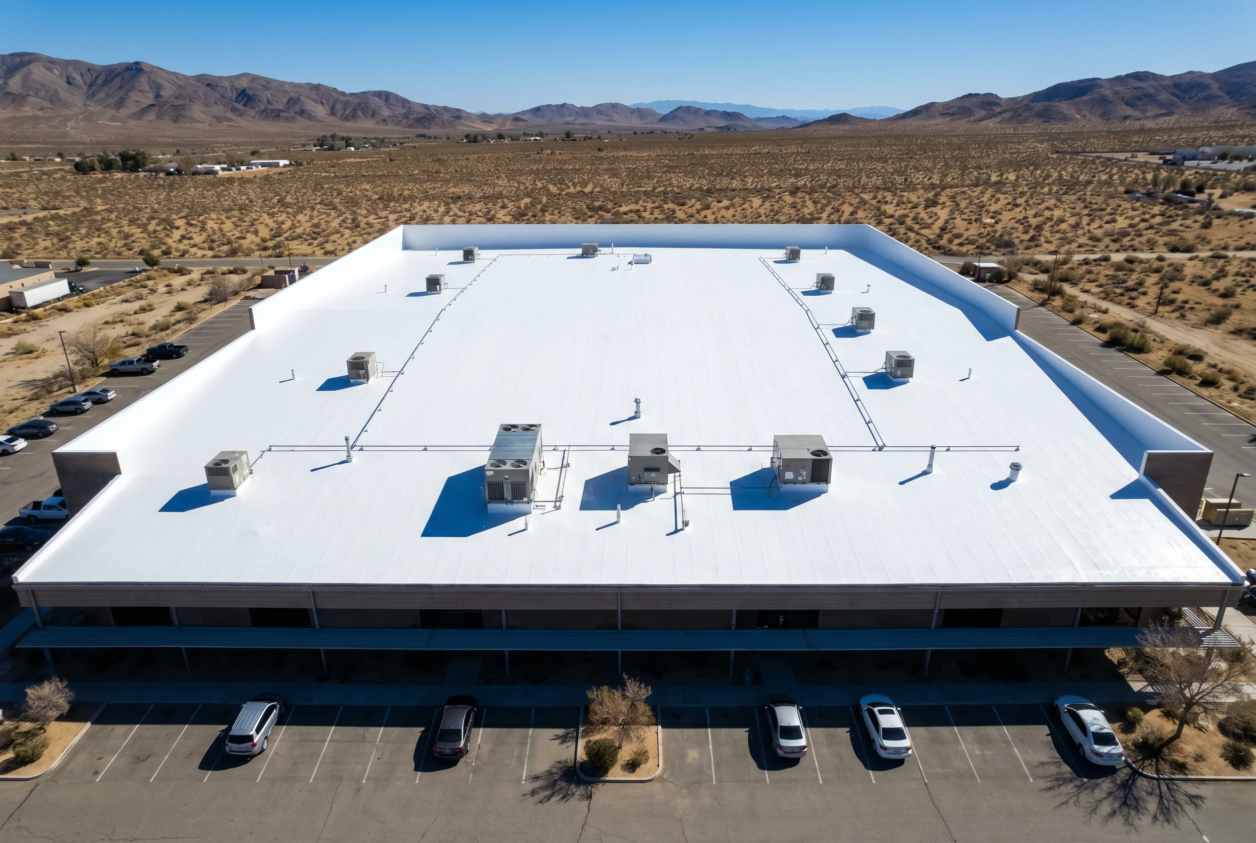Reflective roof coating application on commercial building